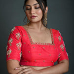 Bridal Pink Hand Embroidered Blouse in Raw Silk with Square Neckline - Anvi Couture