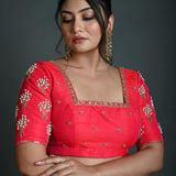 Bridal Pink Hand Embroidered Blouse in Raw Silk with Square Neckline - Anvi Couture