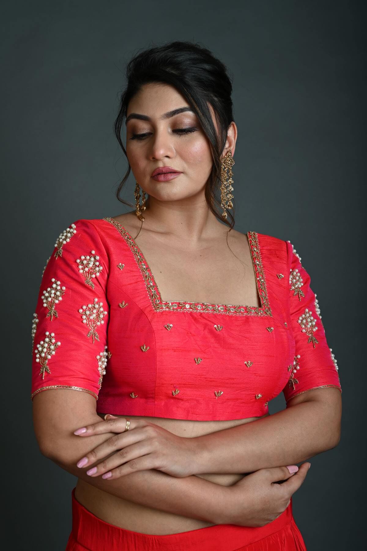 Bridal Pink Hand Embroidered Blouse in Raw Silk with Square Neckline - Anvi Couture