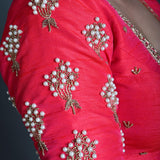 Bridal Pink Hand Embroidered Blouse in Raw Silk with Square Neckline - Anvi Couture