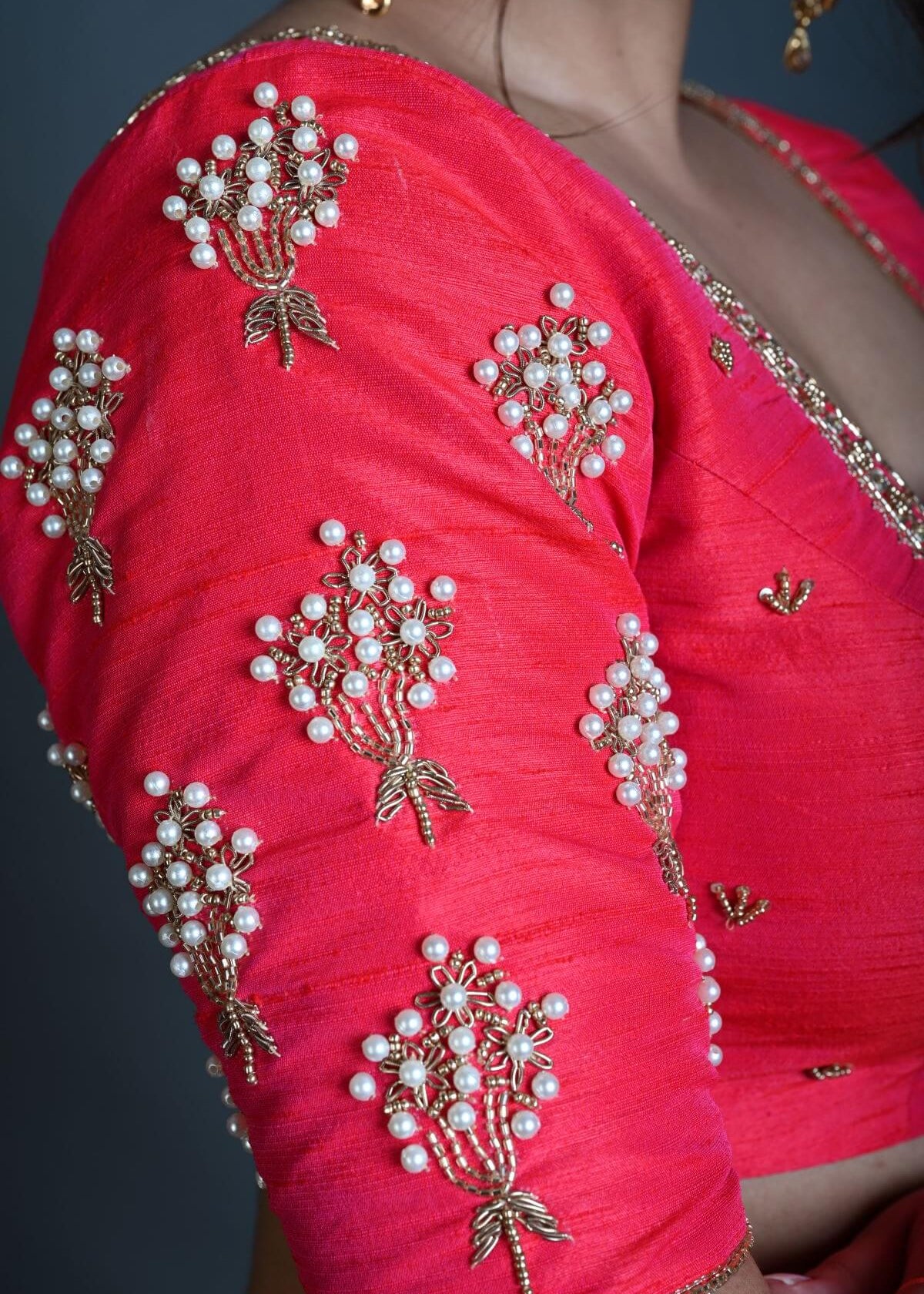 Bridal Pink Hand Embroidered Blouse in Raw Silk with Square Neckline - Anvi Couture