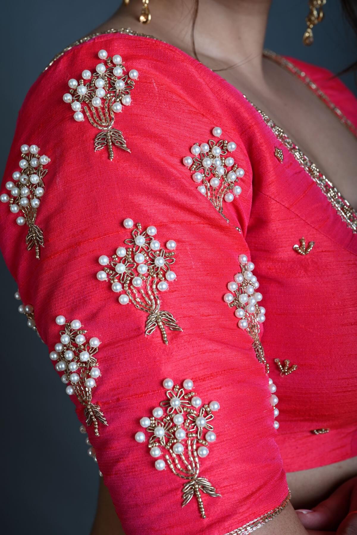 Bridal Pink Hand Embroidered Blouse in Raw Silk with Square Neckline - Anvi Couture