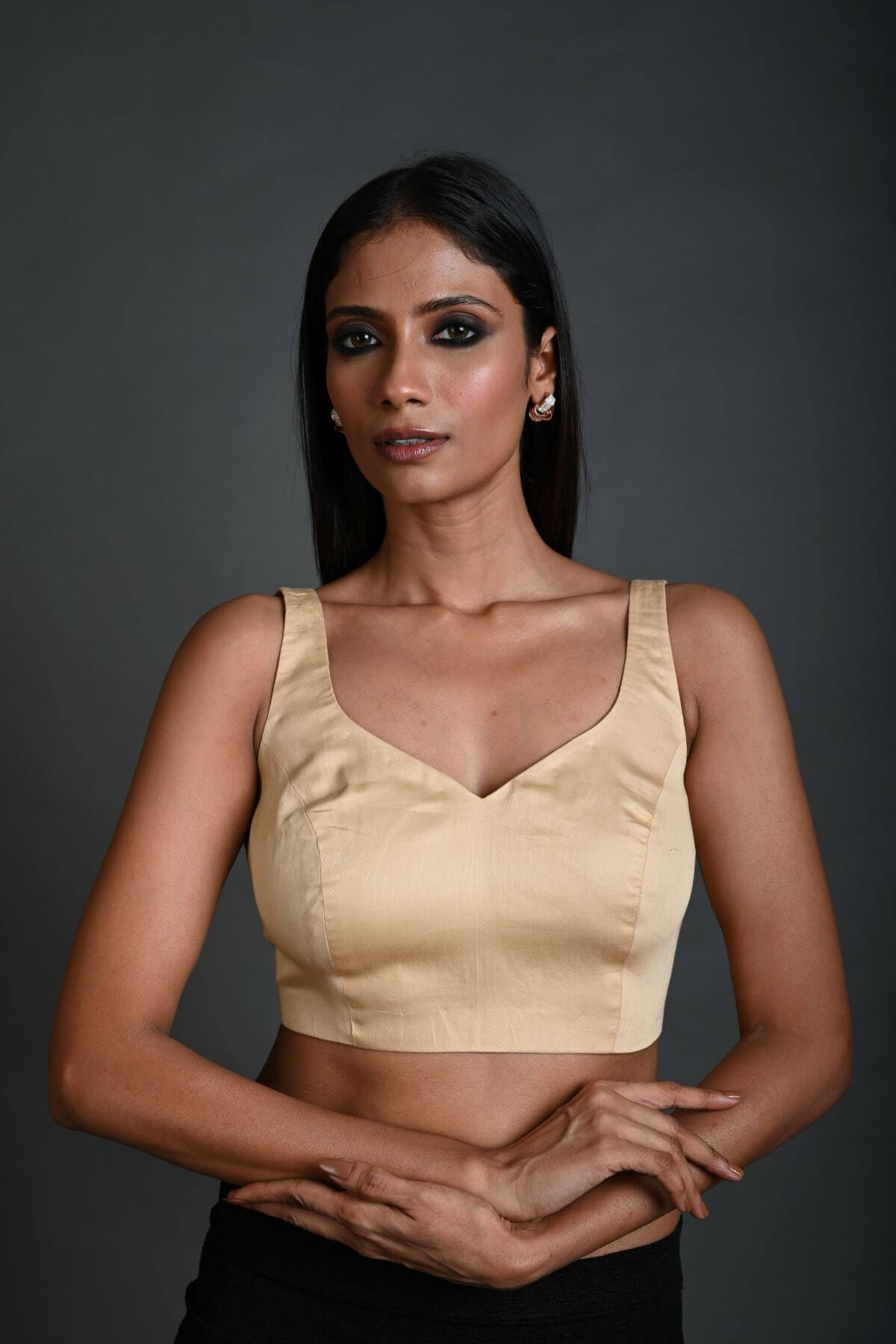 Cream Sleeveless Blouse in Cotton with Sweetheart Neckline - Anvi Couture