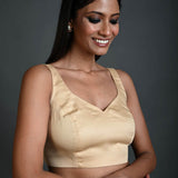 Cream Sleeveless Blouse in Cotton with Sweetheart Neckline - Anvi Couture