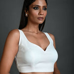 White Sleeveless Blouse in Cotton with Sweetheart Neckline and Back Cutout - Anvi Couture