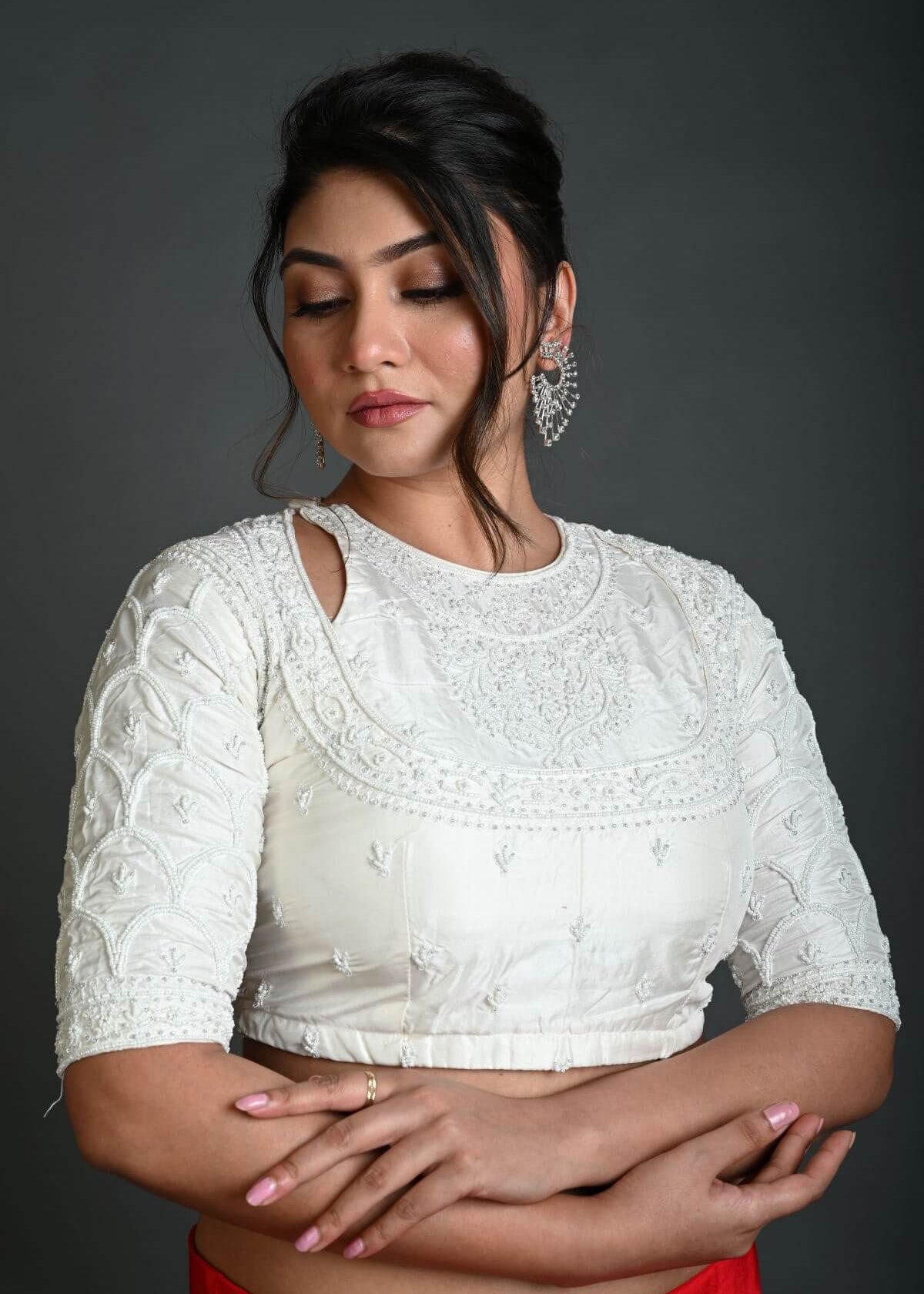 White Bridal Blouse in Hand Embroidered Work - Anvi Couture