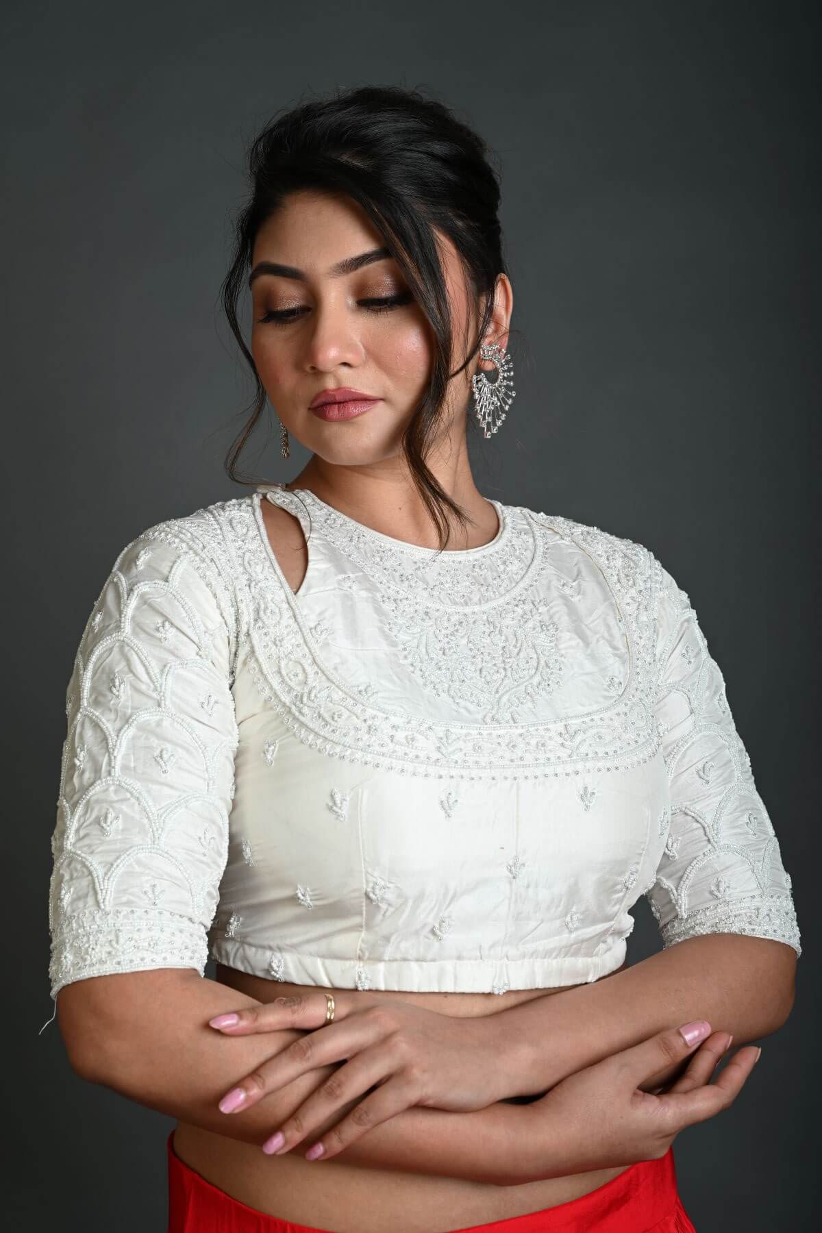 White Bridal Blouse in Hand Embroidered Work - Anvi Couture