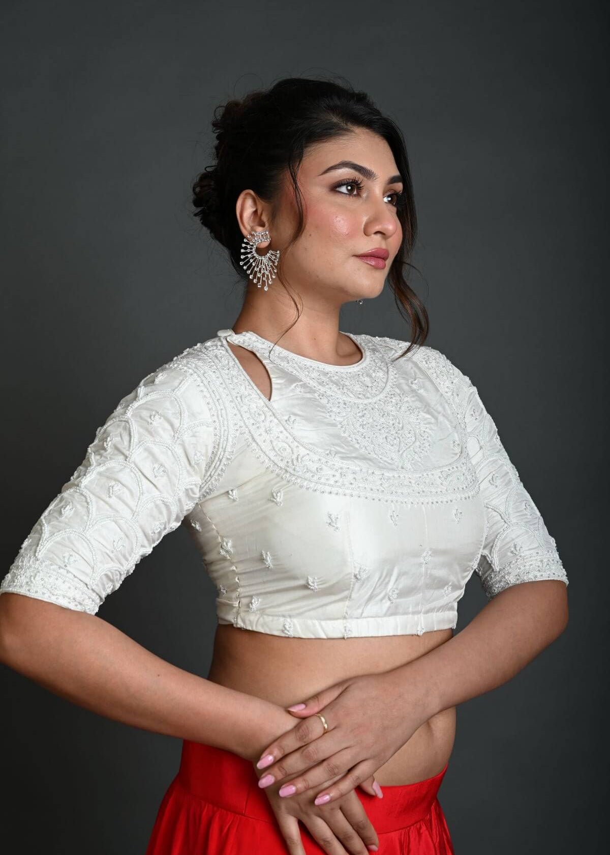 White Bridal Blouse in Hand Embroidered Work - Anvi Couture