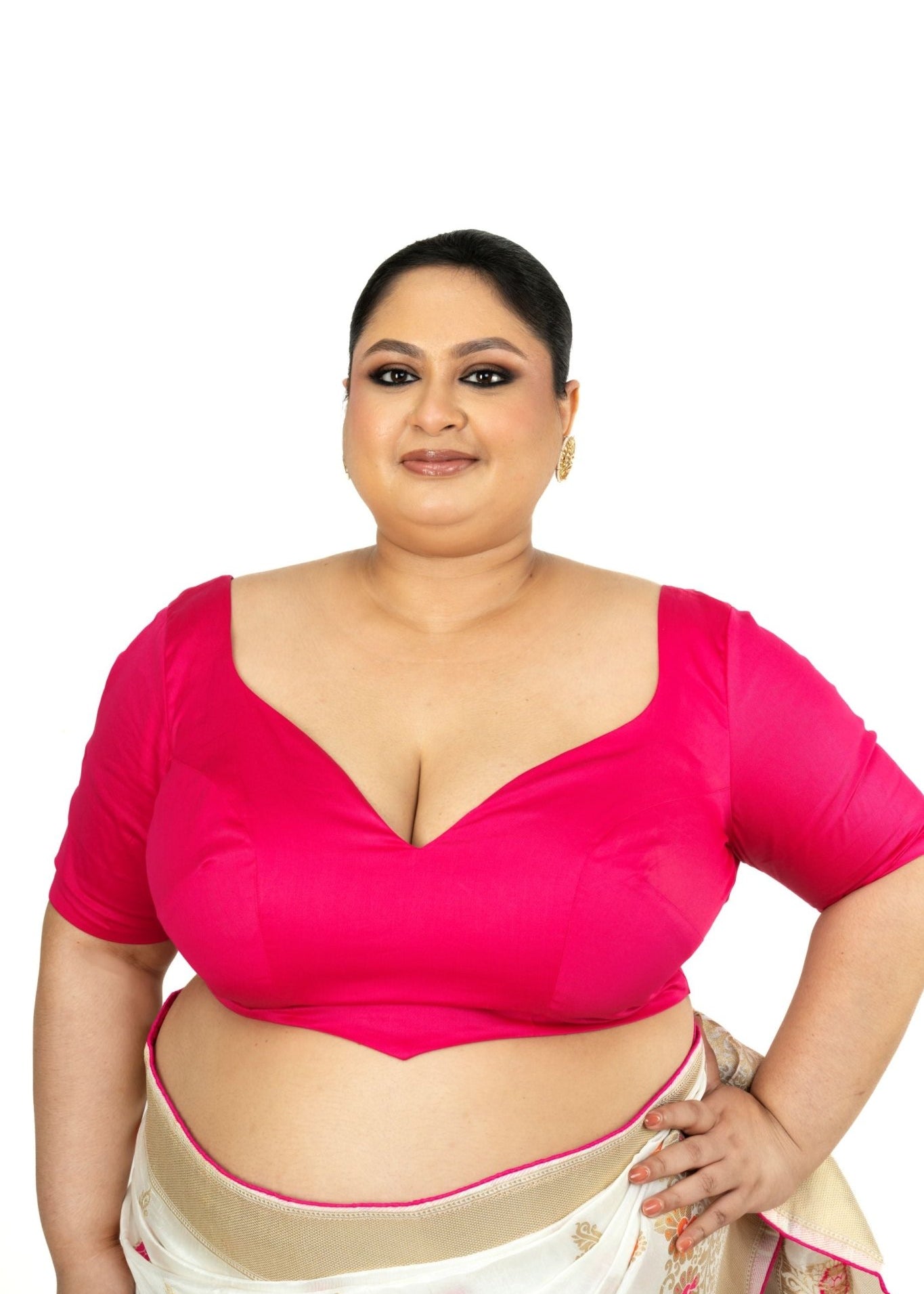 Pink Plus Size Premium Cotton Silk Blouse with Sweetheart Neckline - Anvi Couture