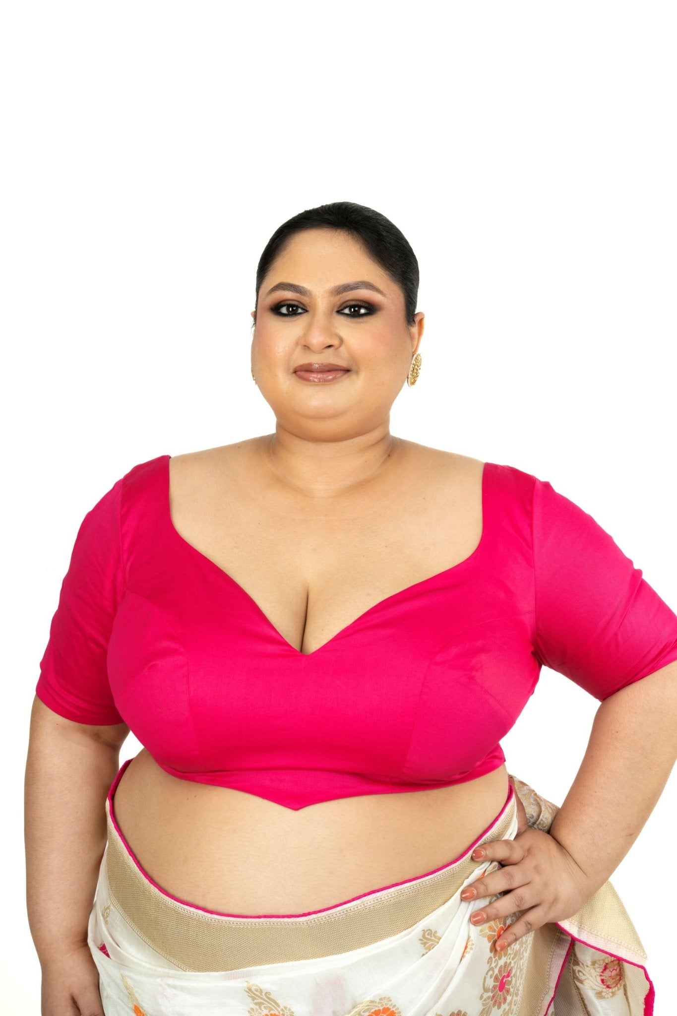 Pink Plus Size Premium Cotton Silk Blouse with Sweetheart Neckline - Anvi Couture