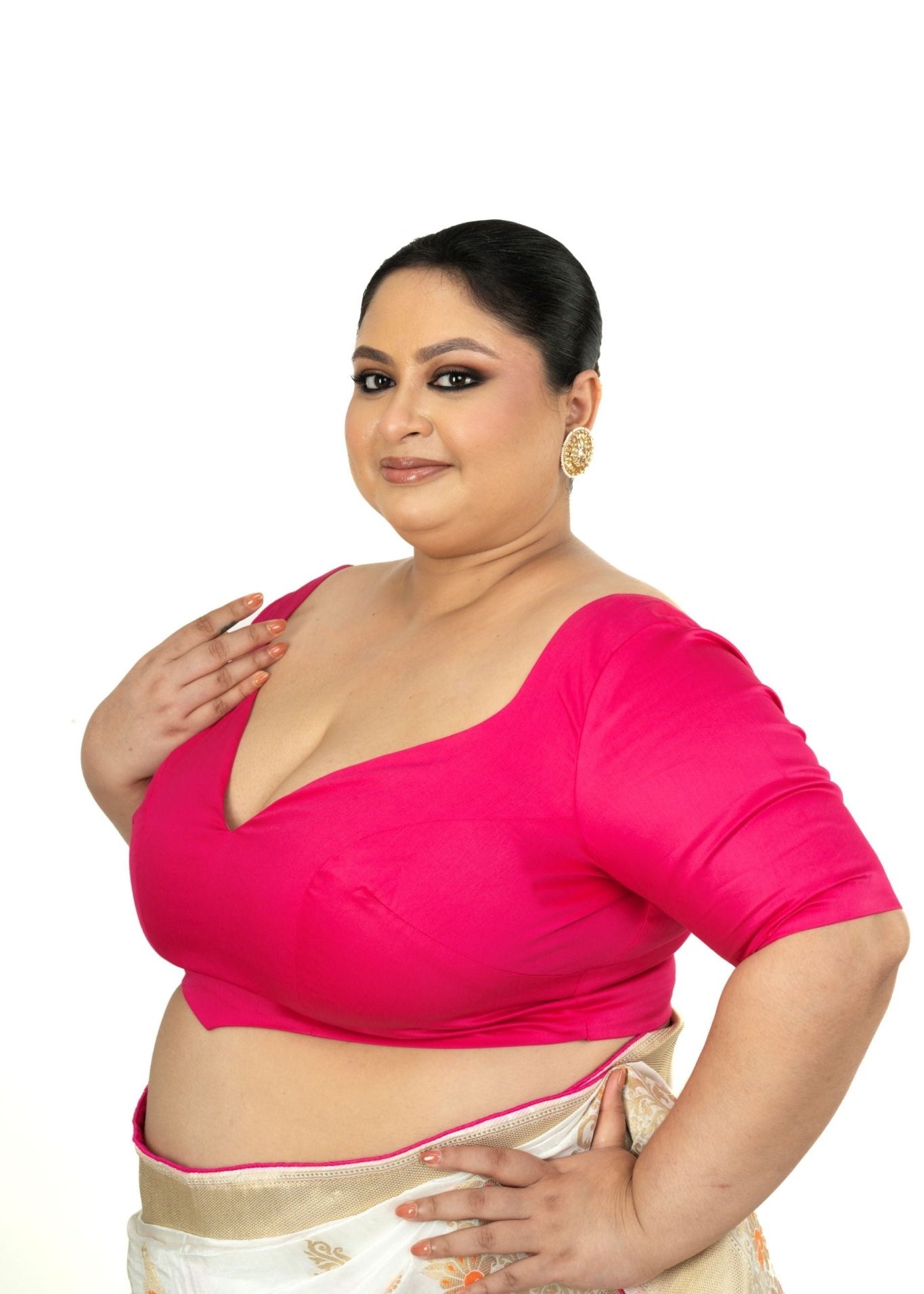 Pink Plus Size Premium Cotton Silk Blouse with Sweetheart Neckline - Anvi Couture