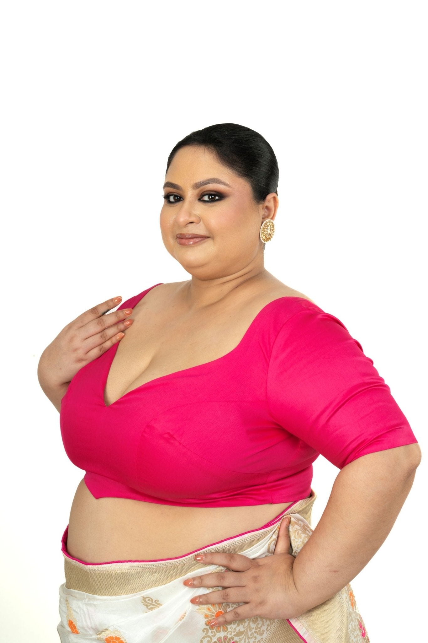 Pink Plus Size Premium Cotton Silk Blouse with Sweetheart Neckline - Anvi Couture