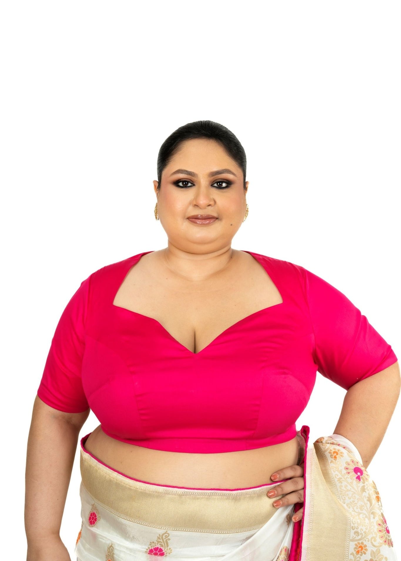 Pink Plus Size Premium Cotton Silk Blouse with Queen Anne Neckline - Anvi Couture