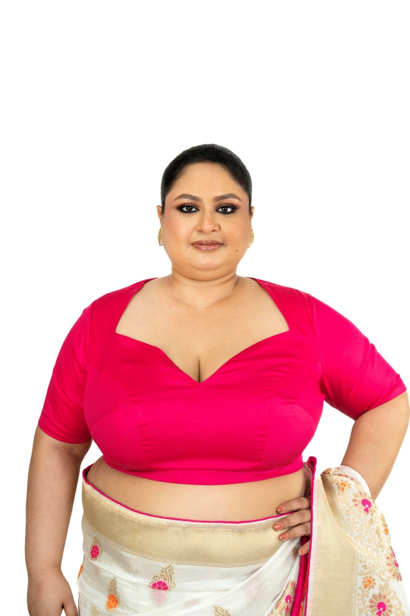 Pink Plus Size Premium Cotton Silk Blouse with Queen Anne Neckline - Anvi Couture