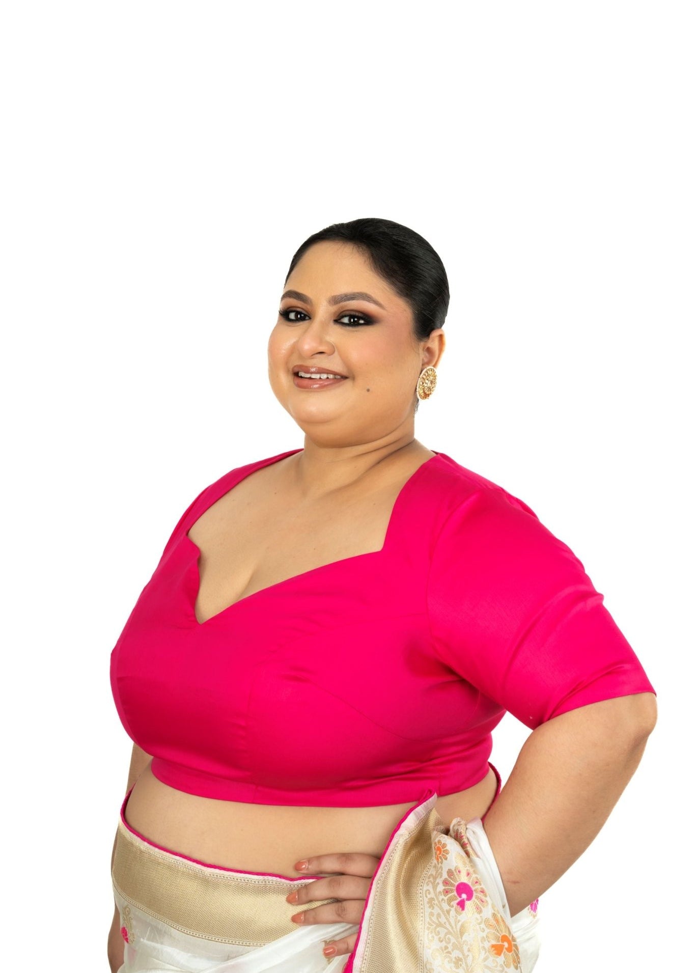 Pink Plus Size Premium Cotton Silk Blouse with Queen Anne Neckline - Anvi Couture