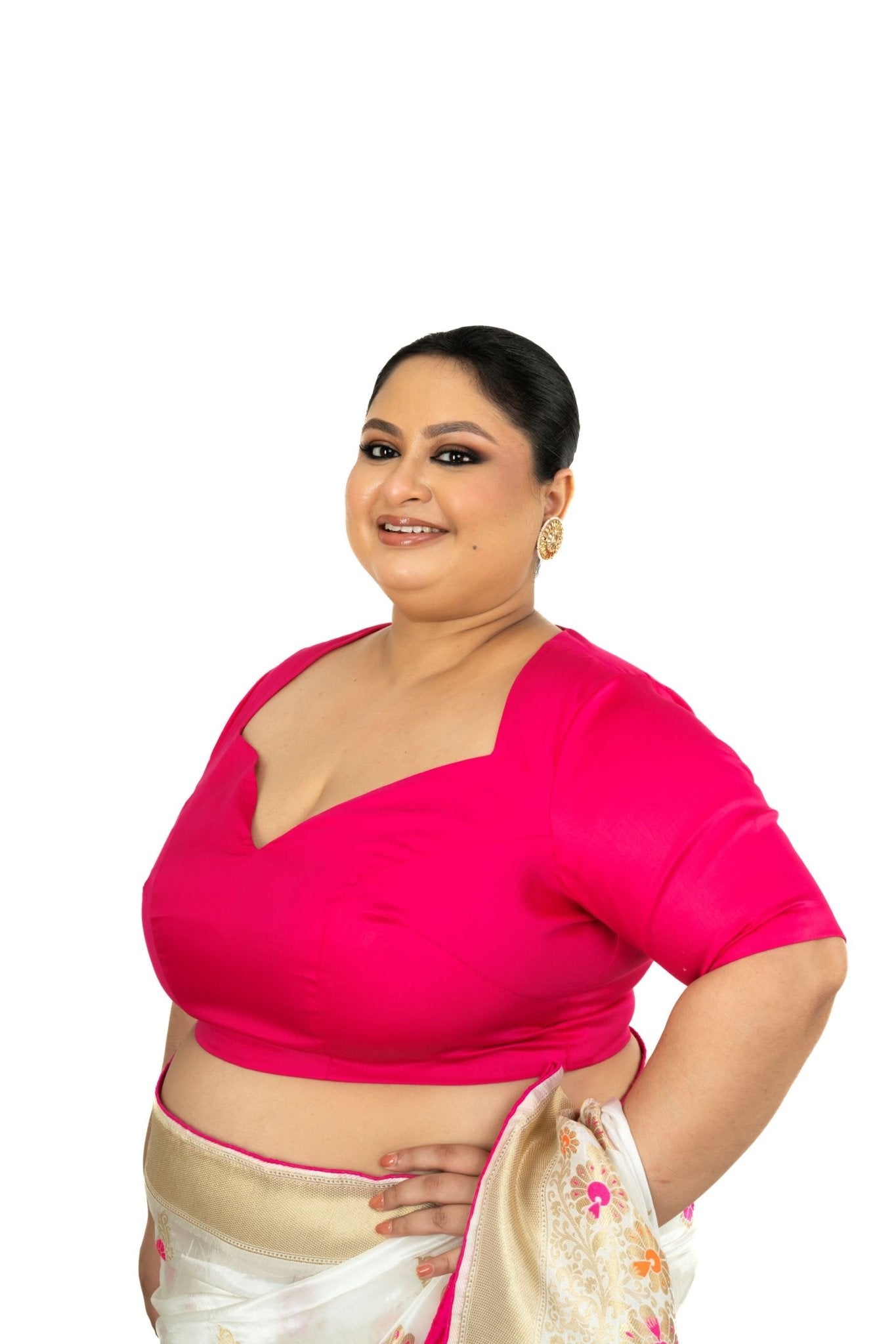 Pink Plus Size Premium Cotton Silk Blouse with Queen Anne Neckline - Anvi Couture