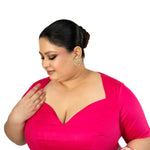 Pink Plus Size Premium Cotton Silk Blouse with Queen Anne Neckline - Anvi Couture
