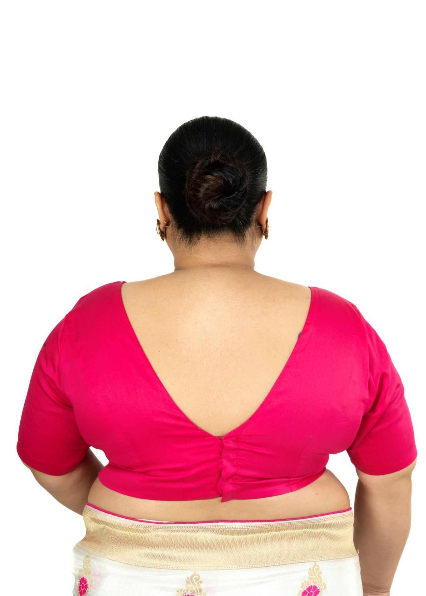 Pink Plus Size Premium Cotton Silk Blouse with Plunging V Neckline - Anvi Couture