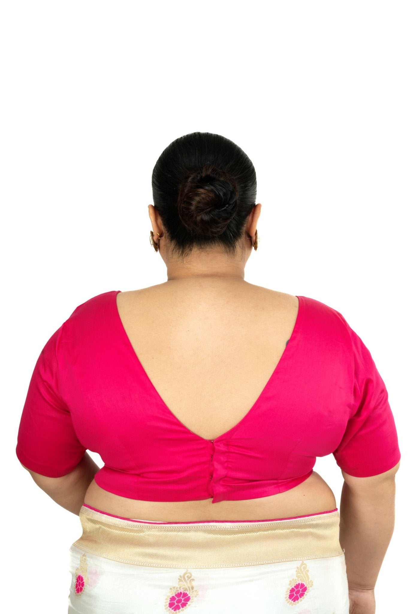 Pink Plus Size Premium Cotton Silk Blouse with Plunging V Neckline - Anvi Couture