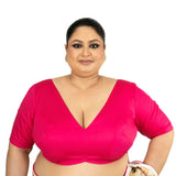 Pink Plus Size Premium Cotton Silk Blouse with Plunging V Neckline - Anvi Couture