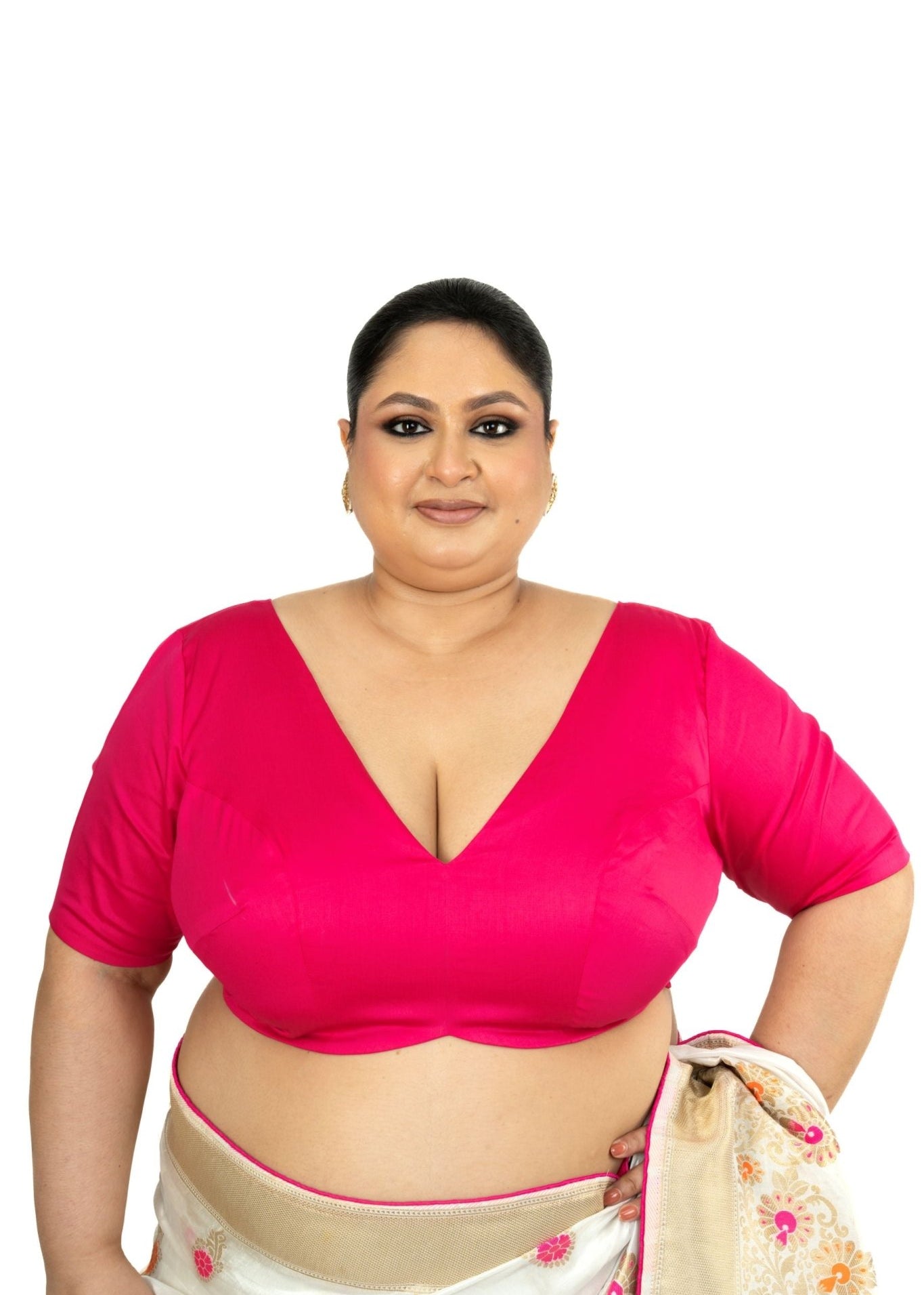 Pink Plus Size Premium Cotton Silk Blouse with Plunging V Neckline - Anvi Couture