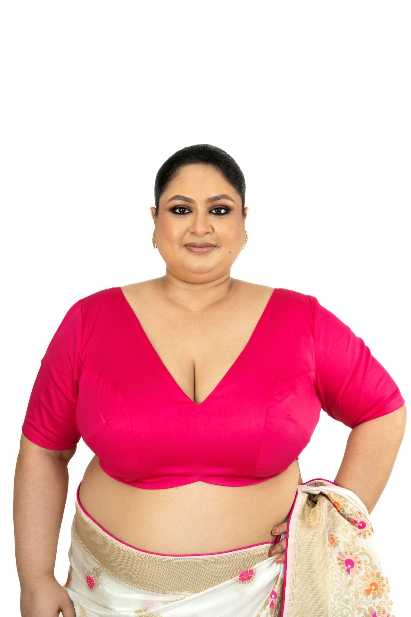 Pink Plus Size Premium Cotton Silk Blouse with Plunging V Neckline - Anvi Couture