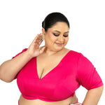 Pink Plus Size Premium Cotton Silk Blouse with Plunging V Neckline - Anvi Couture