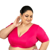Pink Plus Size Premium Cotton Silk Blouse with Plunging V Neckline - Anvi Couture