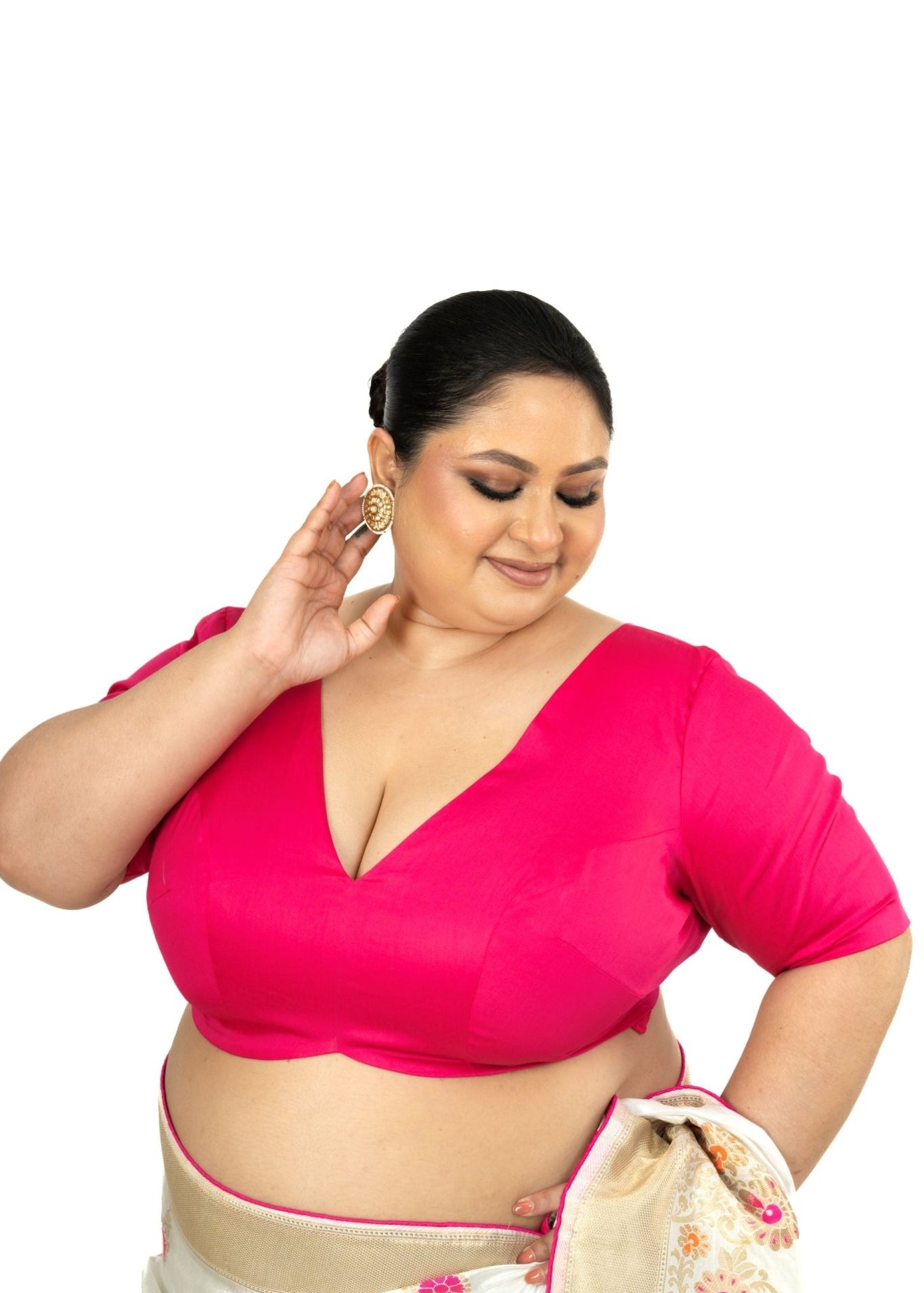 Pink Plus Size Premium Cotton Silk Blouse with Plunging V Neckline - Anvi Couture