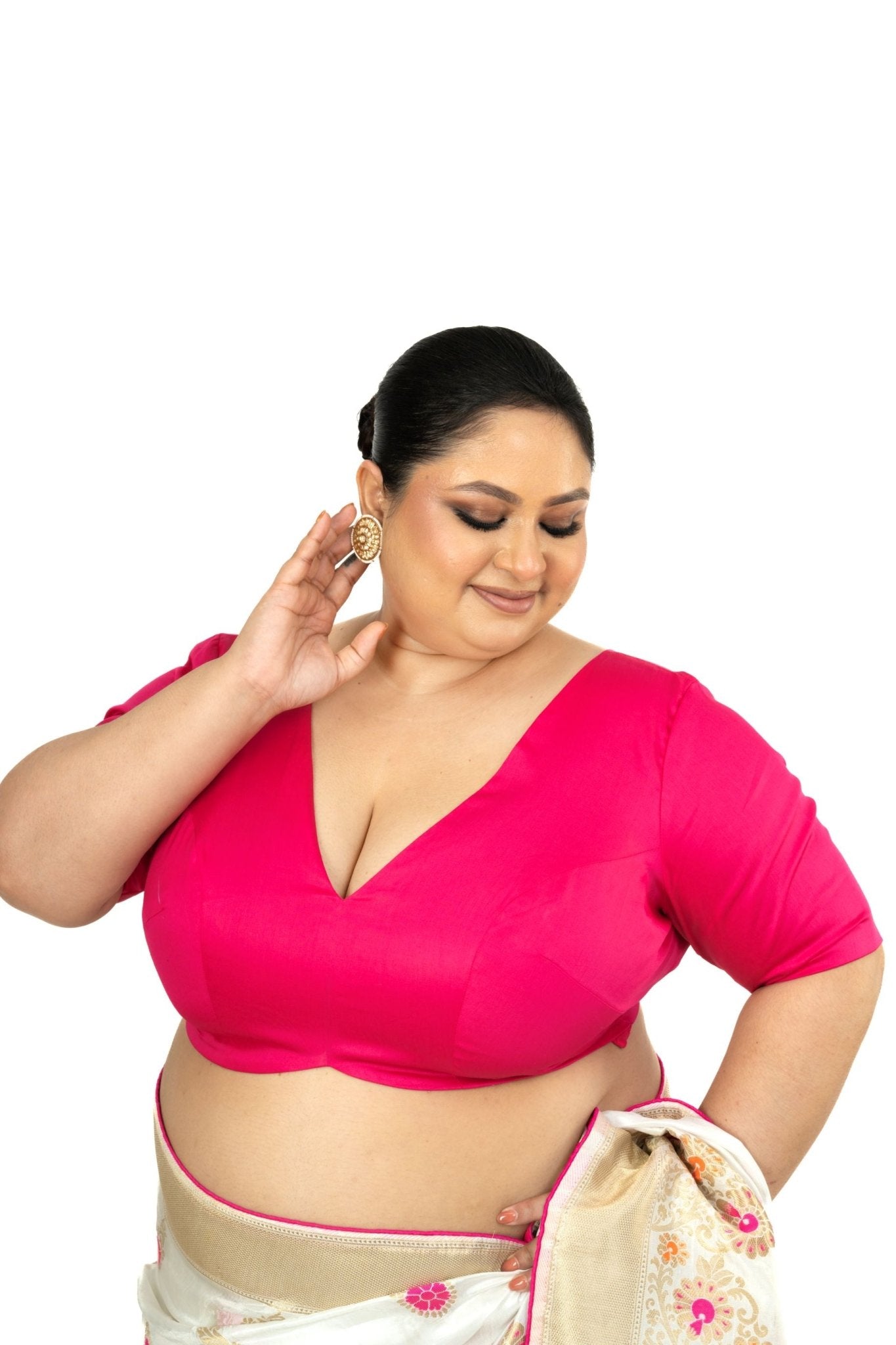 Pink Plus Size Premium Cotton Silk Blouse with Plunging V Neckline - Anvi Couture