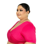 Pink Plus Size Premium Cotton Silk Blouse with Plunging V Neckline - Anvi Couture