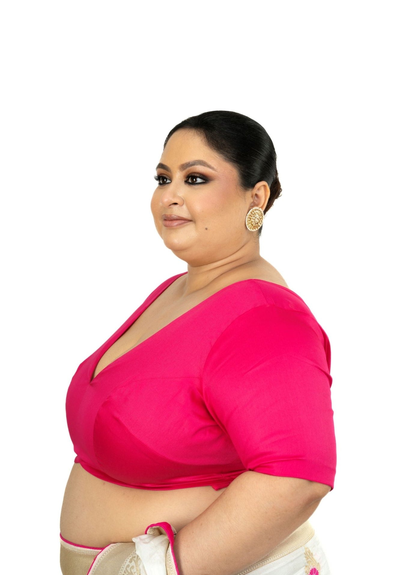 Pink Plus Size Premium Cotton Silk Blouse with Plunging V Neckline - Anvi Couture