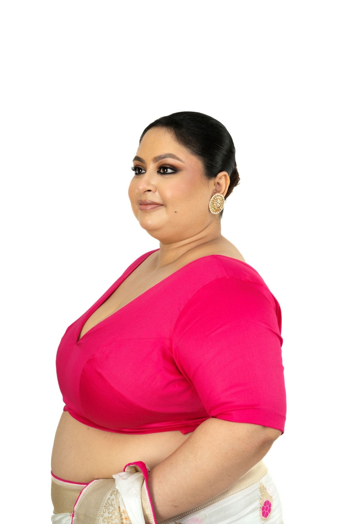 Pink Plus Size Premium Cotton Silk Blouse with Plunging V Neckline - Anvi Couture