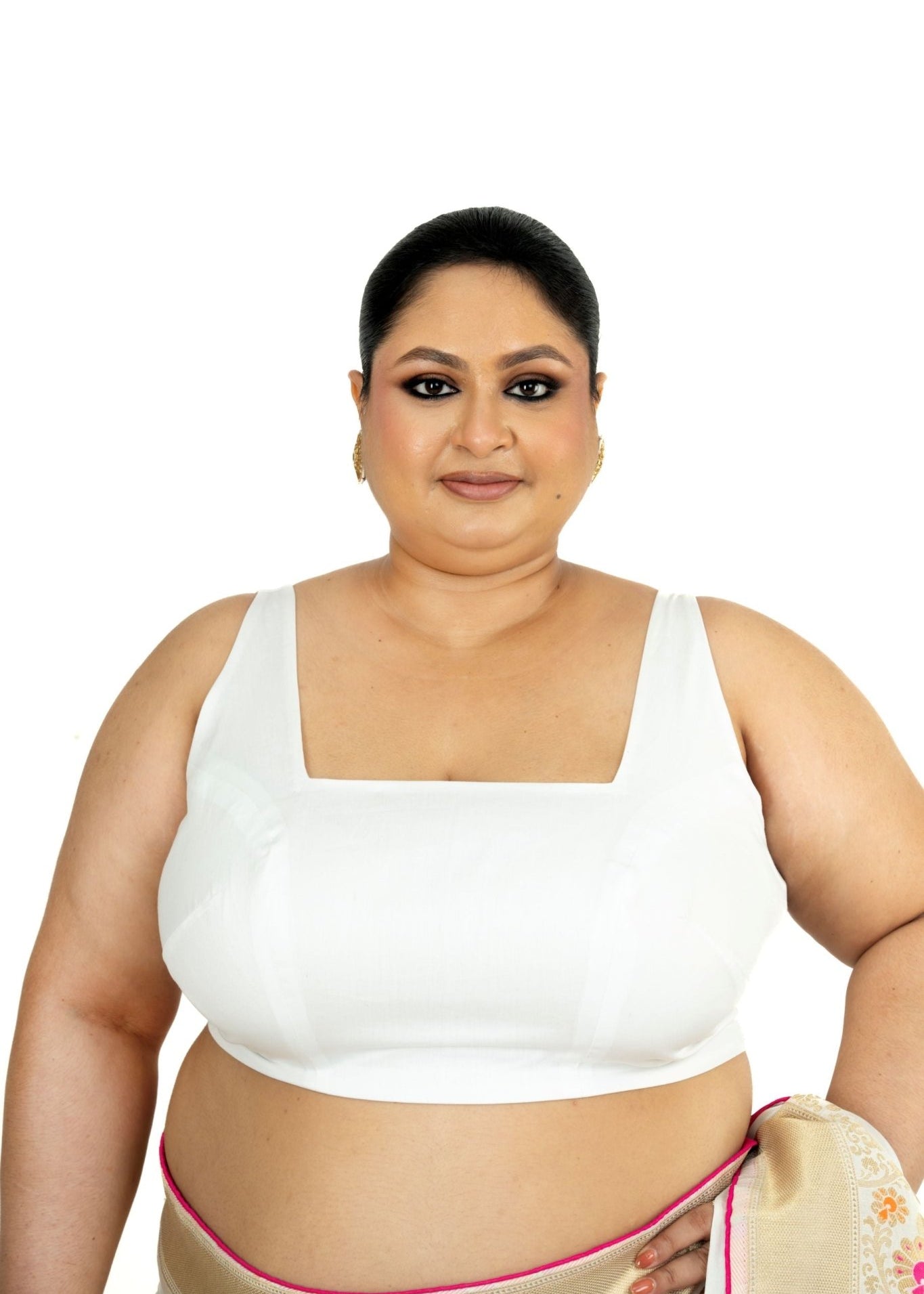 White Plus Size Premium Cotton Silk Sleeveless Blouse with Square Neck - Anvi Couture