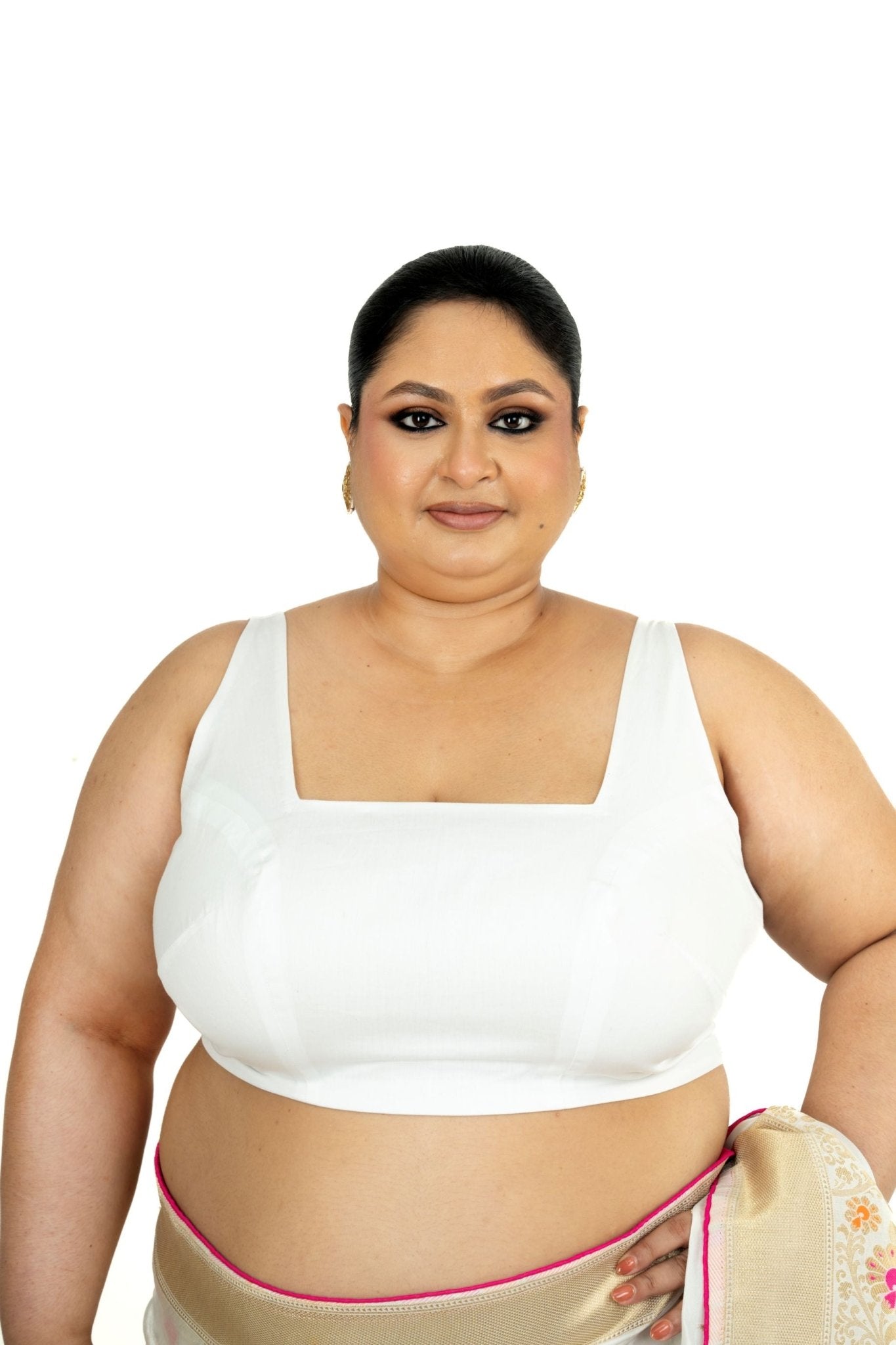 White Plus Size Premium Cotton Silk Sleeveless Blouse with Square Neck - Anvi Couture
