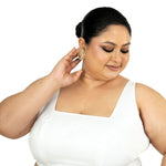 White Plus Size Premium Cotton Silk Sleeveless Blouse with Square Neck - Anvi Couture