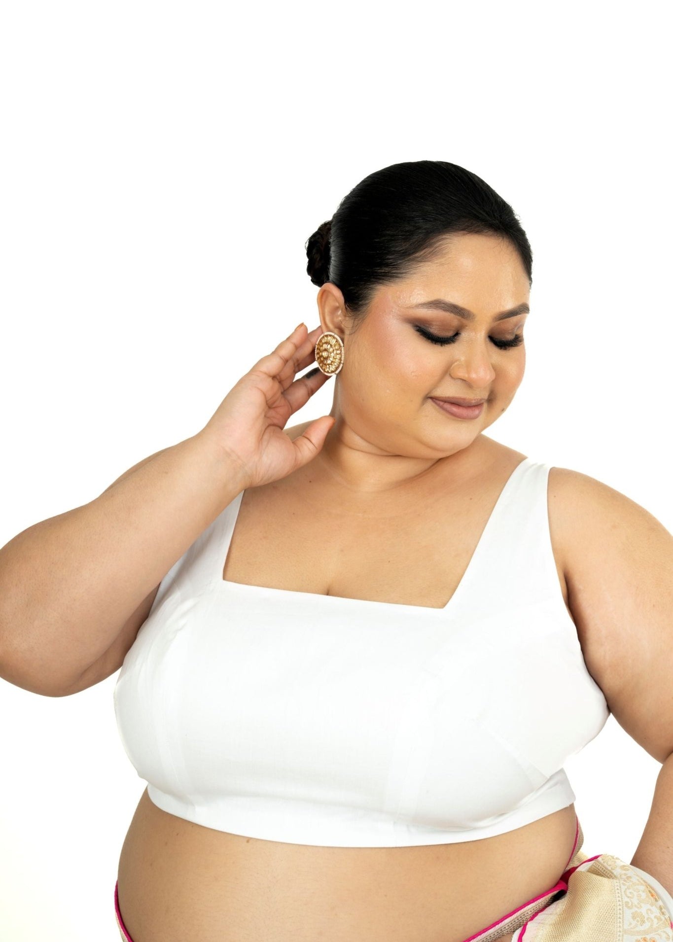 White Plus Size Premium Cotton Silk Sleeveless Blouse with Square Neck - Anvi Couture