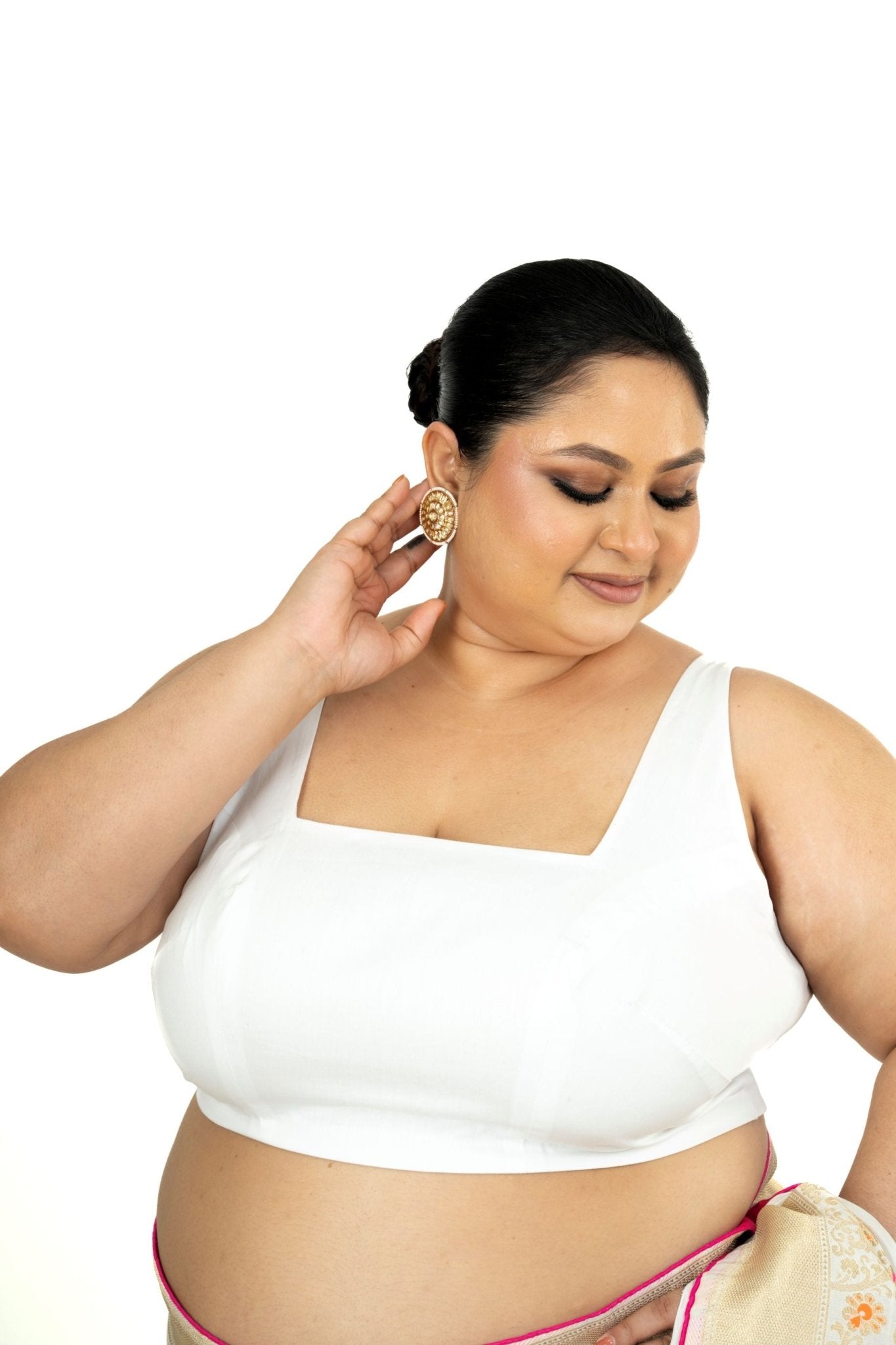 White Plus Size Premium Cotton Silk Sleeveless Blouse with Square Neck - Anvi Couture