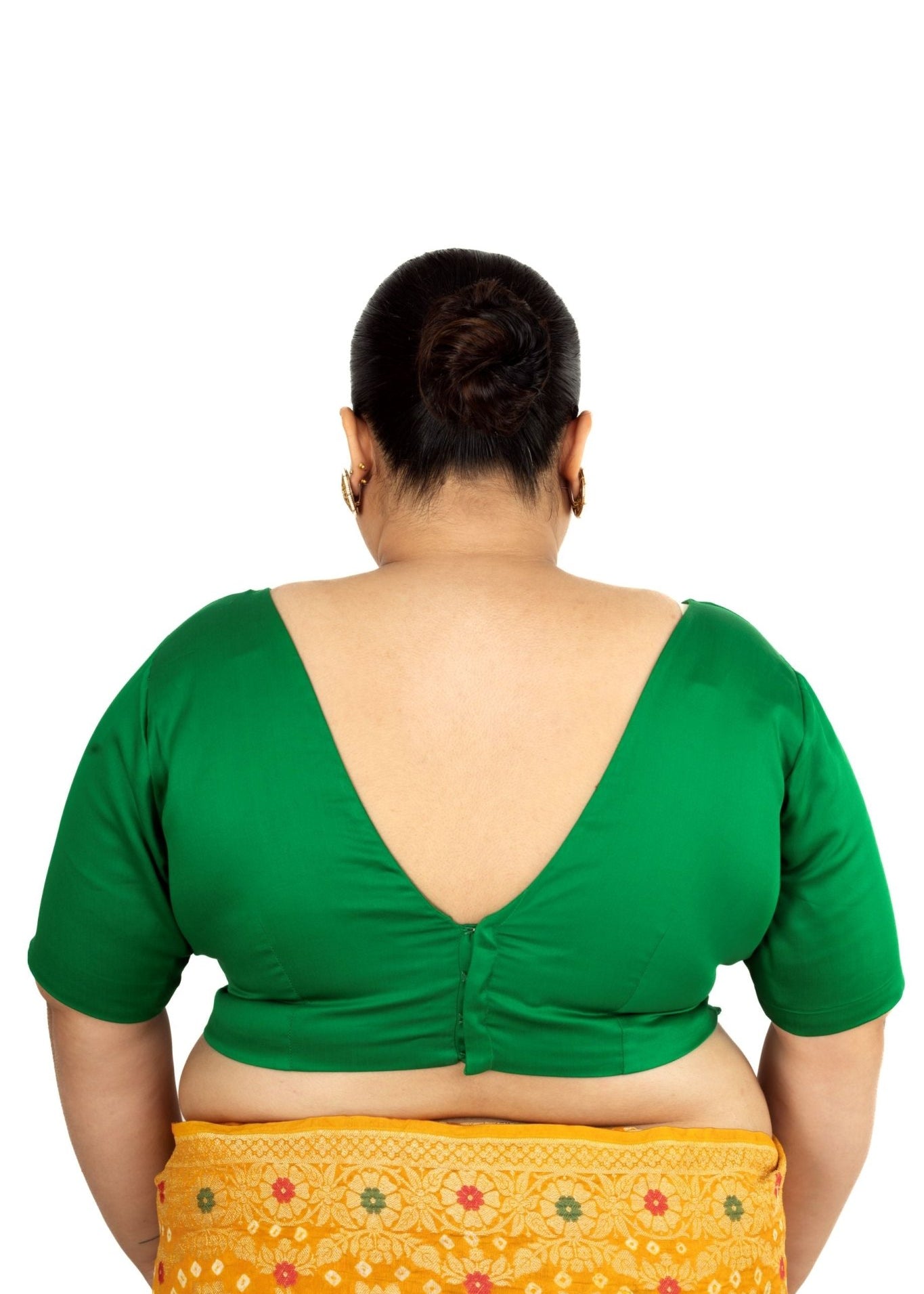 Green Plus Size Premium Cotton Silk Blouse with Plunging V Neckline - Anvi Couture