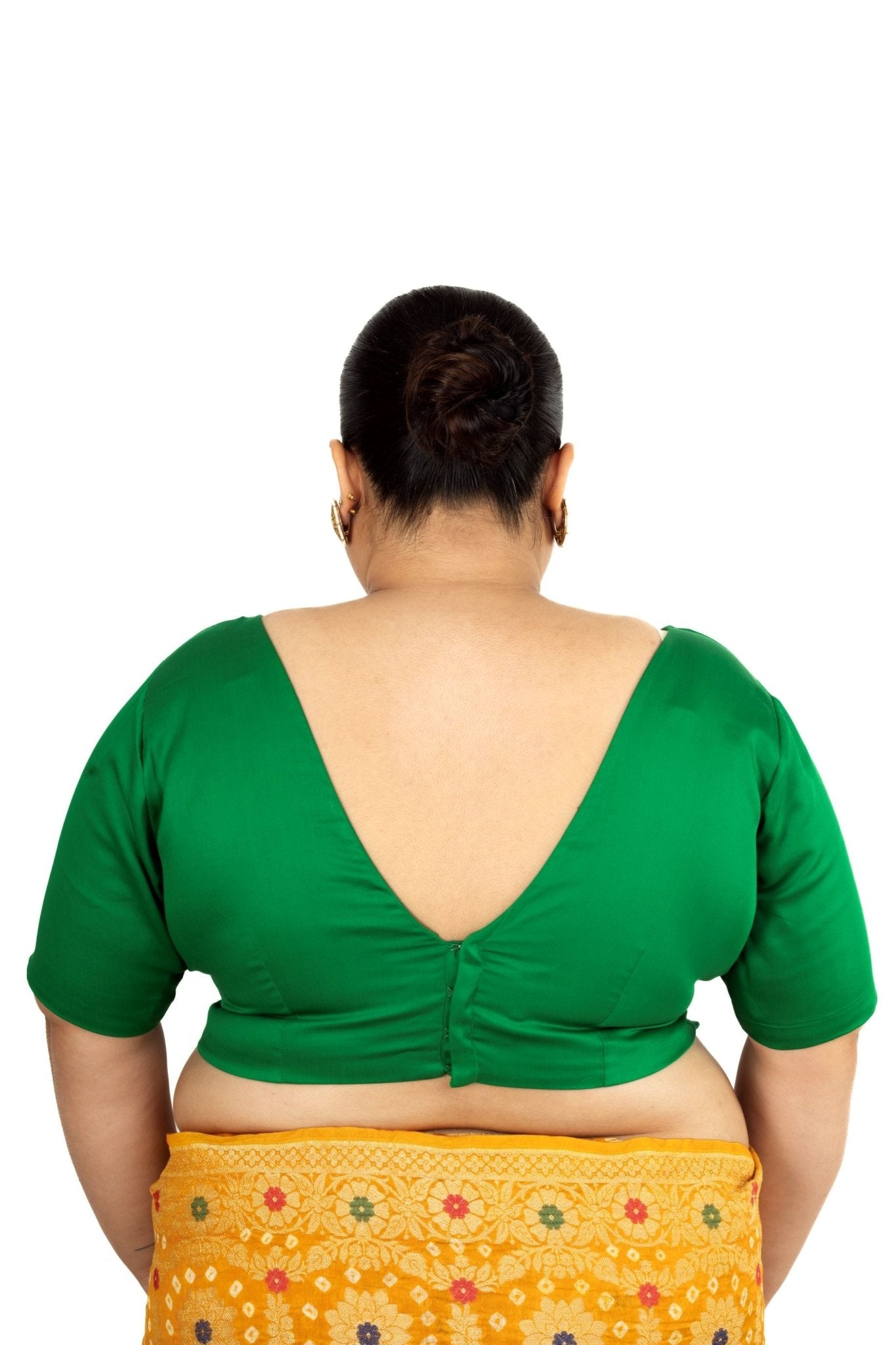 Green Plus Size Premium Cotton Silk Blouse with Plunging V Neckline - Anvi Couture