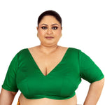 Green Plus Size Premium Cotton Silk Blouse with Plunging V Neckline - Anvi Couture