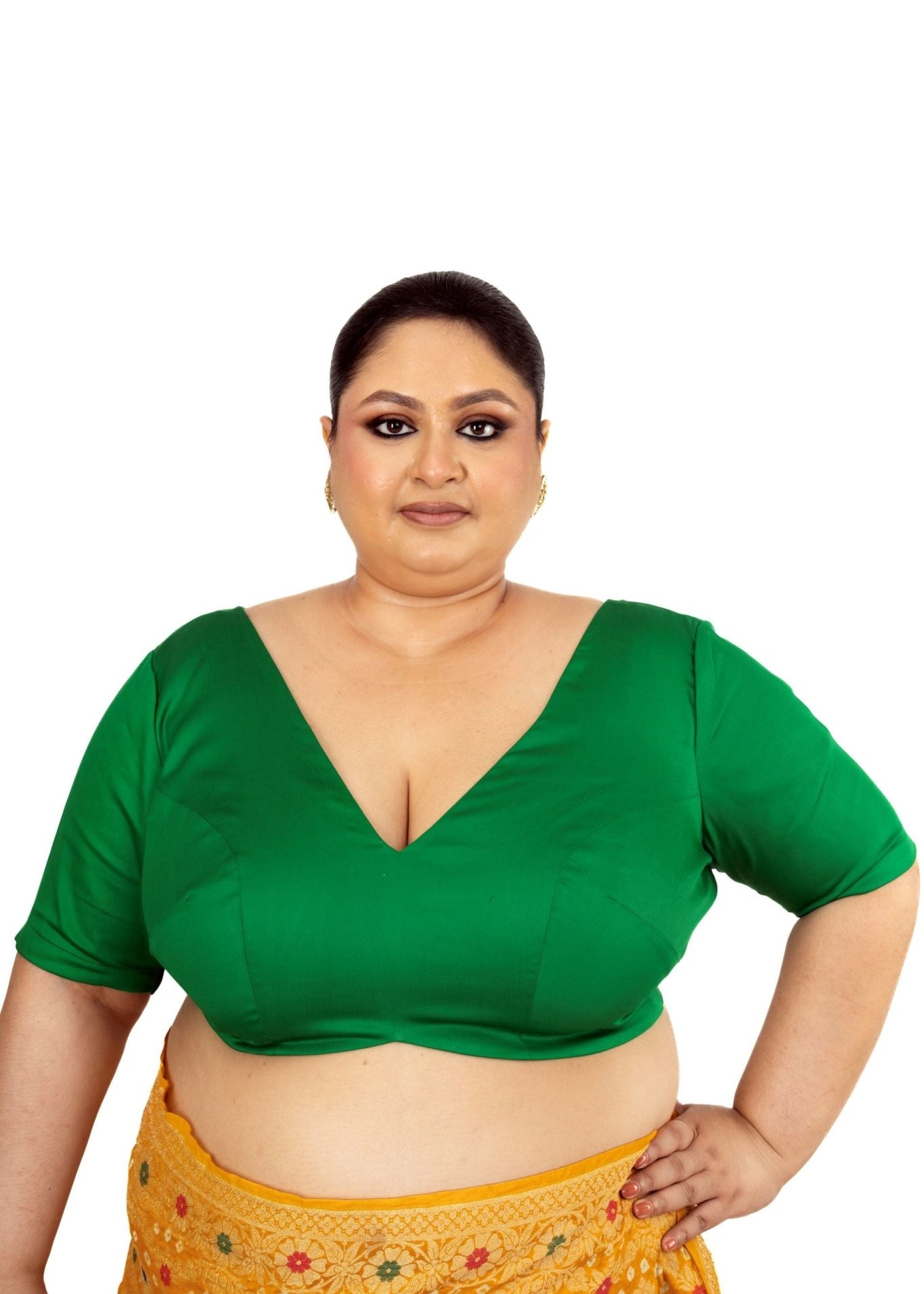 Green Plus Size Premium Cotton Silk Blouse with Plunging V Neckline - Anvi Couture