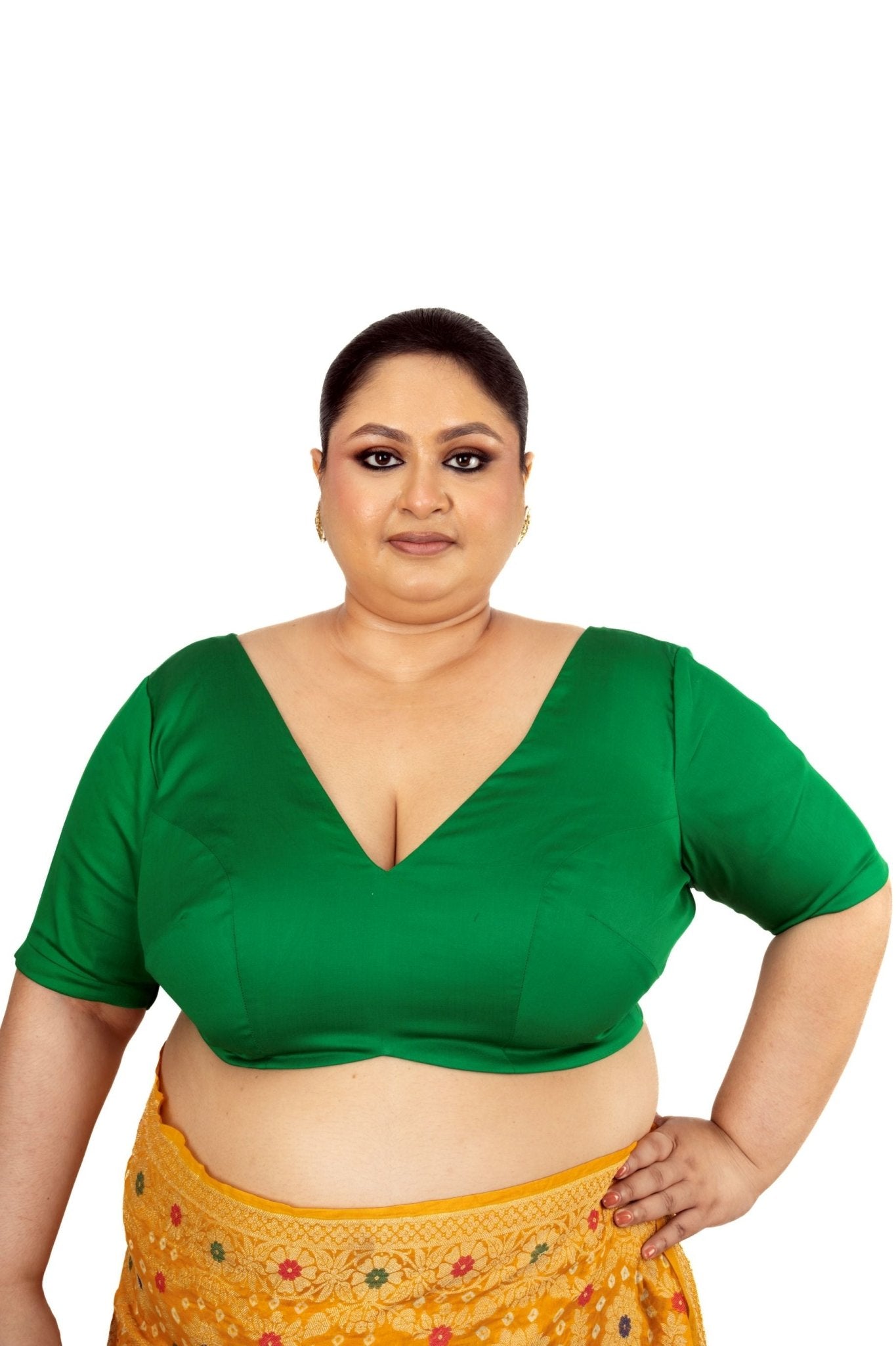 Green Plus Size Premium Cotton Silk Blouse with Plunging V Neckline - Anvi Couture