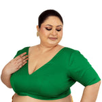 Green Plus Size Premium Cotton Silk Blouse with Plunging V Neckline - Anvi Couture