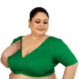 Green Plus Size Premium Cotton Silk Blouse with Plunging V Neckline - Anvi Couture