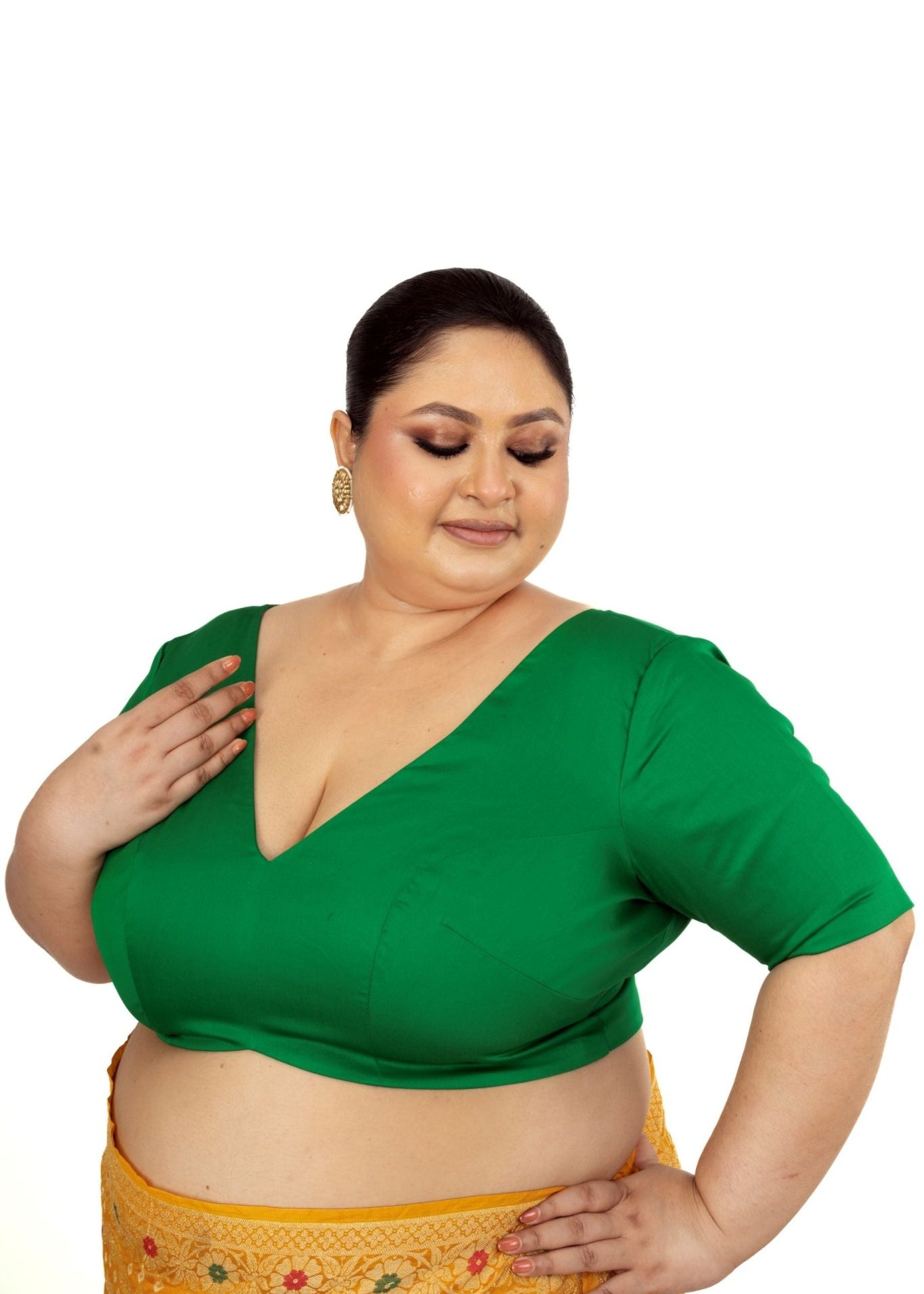 Green Plus Size Premium Cotton Silk Blouse with Plunging V Neckline - Anvi Couture
