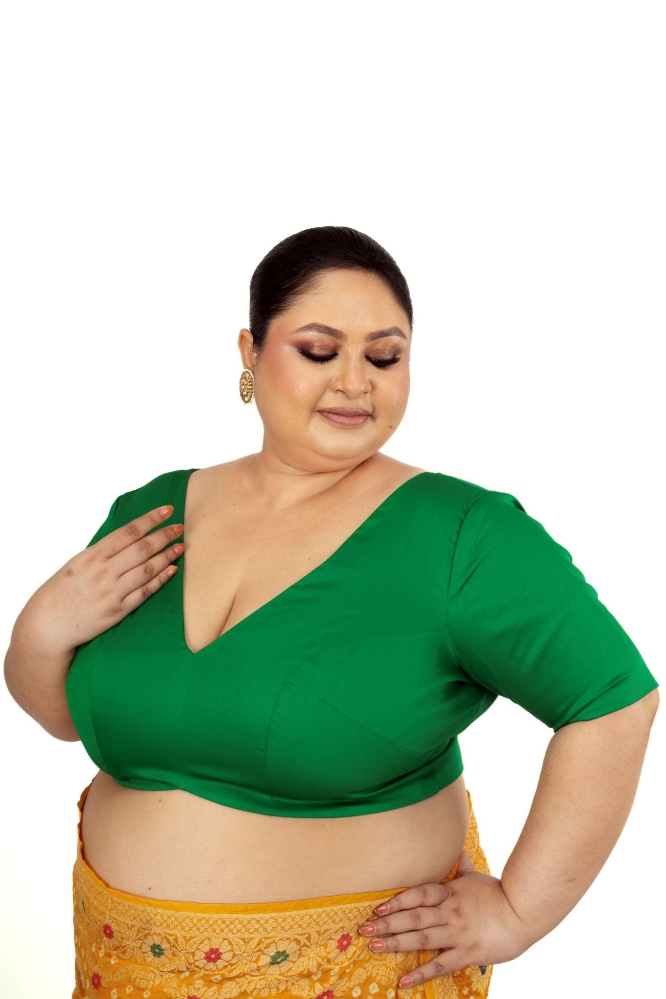Green Plus Size Premium Cotton Silk Blouse with Plunging V Neckline - Anvi Couture
