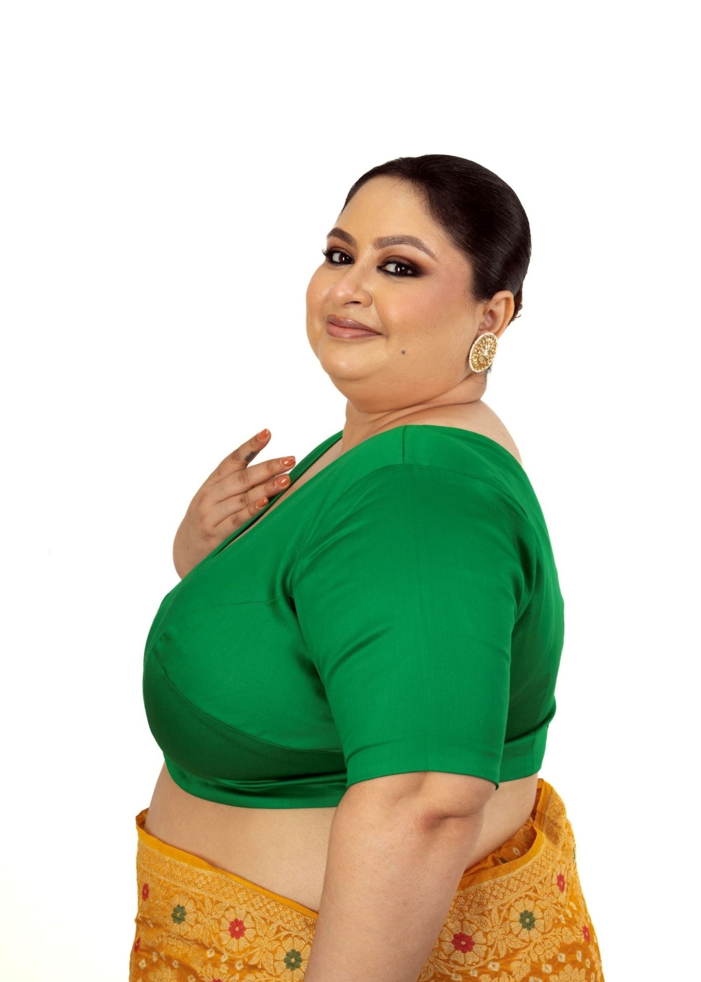 Green Plus Size Premium Cotton Silk Blouse with Plunging V Neckline - Anvi Couture