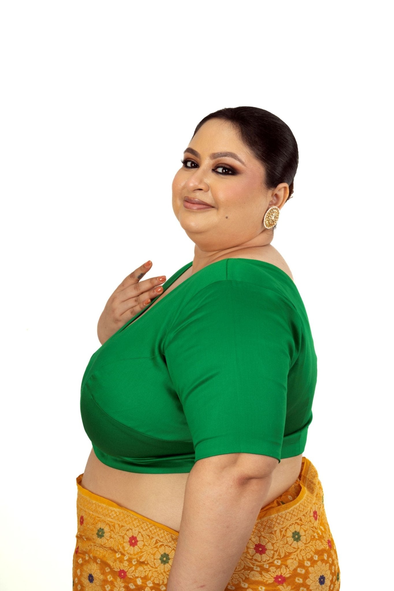 Green Plus Size Premium Cotton Silk Blouse with Plunging V Neckline - Anvi Couture