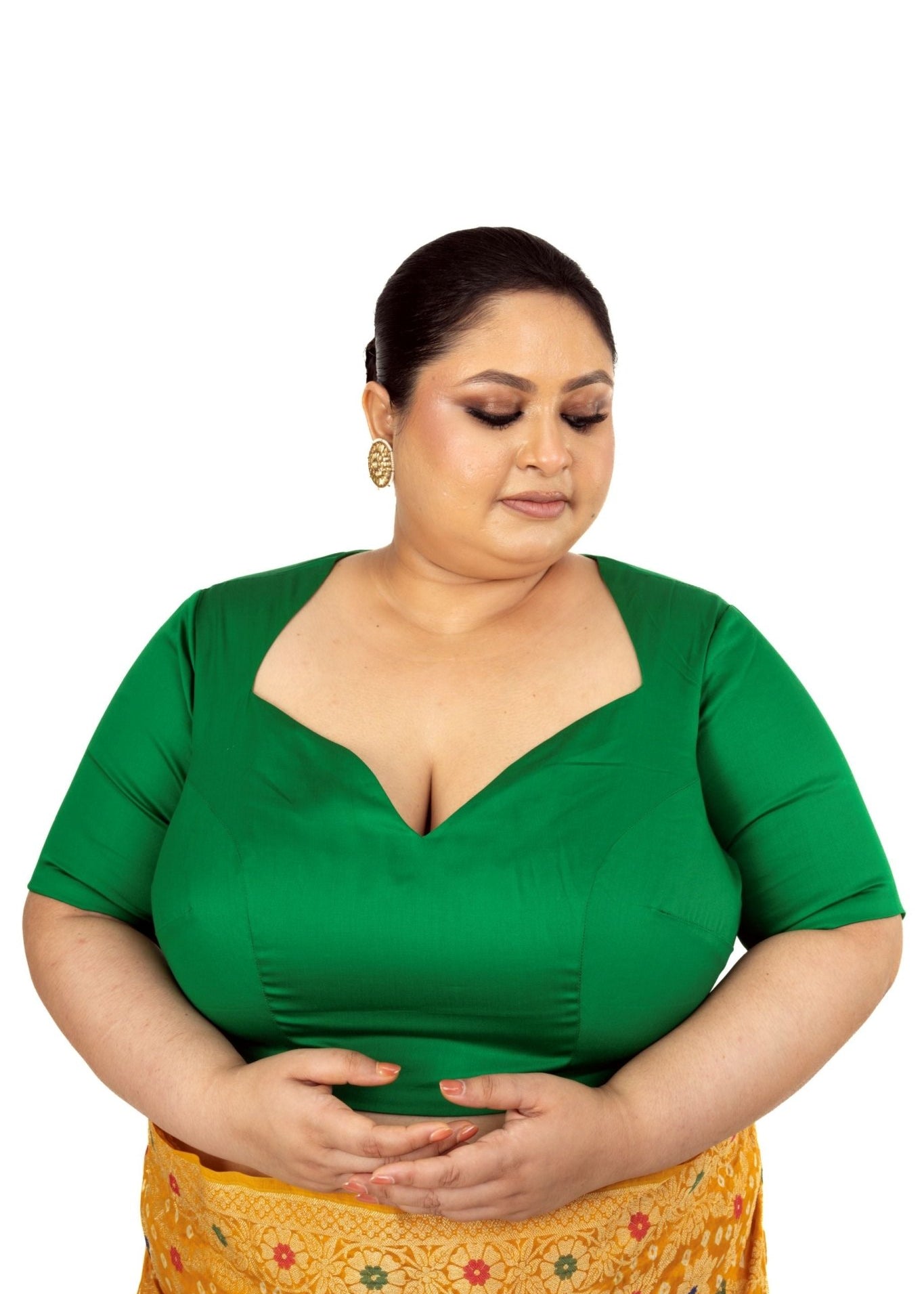 Green Plus Size Premium Cotton Silk Blouse with Queen Anne Neckline - Anvi Couture